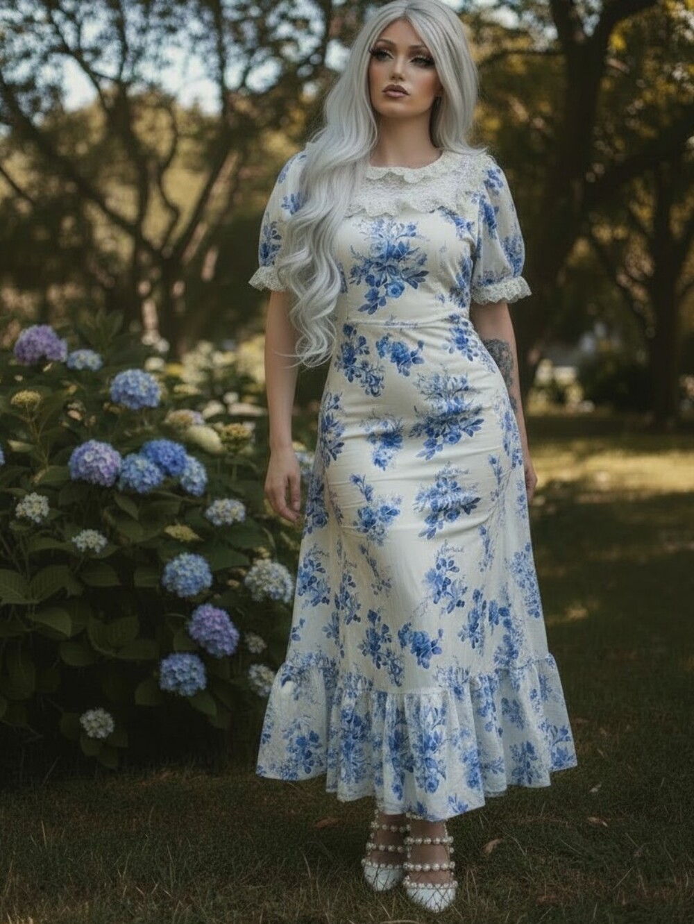 Scarlet Darkness Cottagecore Blue Floral Lace Prairie Maxi Dress Size Large
